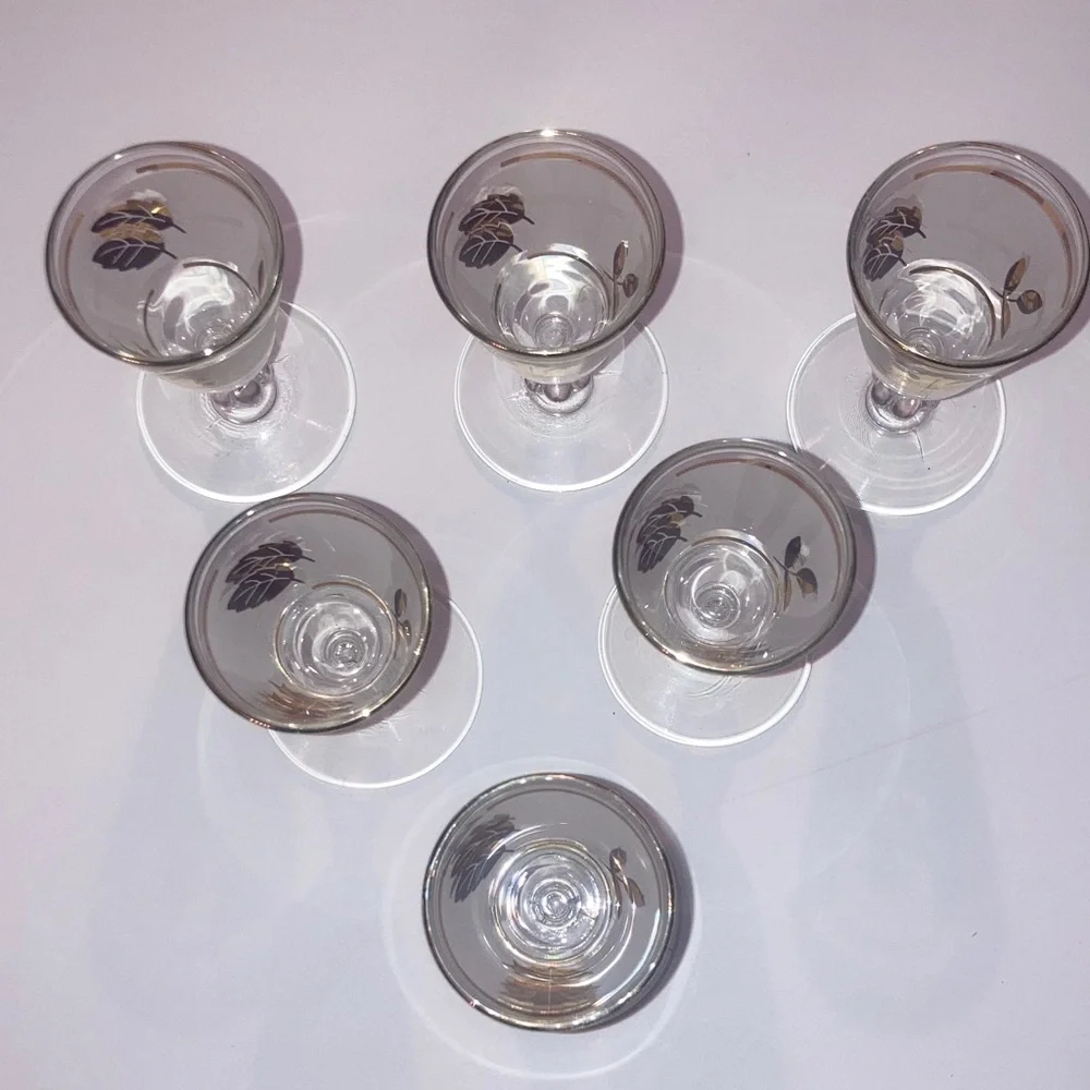 Libbey’s Frosted Gold Plated Leaf Stemmed Vintage Shot Glasses Bundle of 6